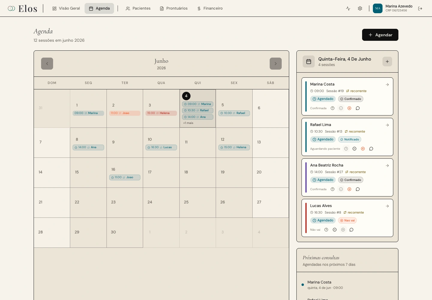 Tela de agenda da Elos com calendário mensal, atendimentos da semana e status de sessões.